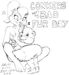 2008 3_toes anthro asthexiancal berri buckteeth chipmunk conker conker's_bad_fur_day covering fluffy fluffy_tail furry furry_only hand_on_breast hand_up heart impressed looking_at_viewer looking_back looking_down nude ponytail rareware smile squirrel tiptoes whistling