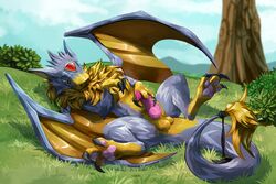 1boy ass blitzdrachin digimon dorugamon dragon erection feet feral furry gold golden grass hybrid knot long_tail male male_only masturbation original_character outdoors paws penis reptile scalie solo tail wings