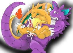 anthro charizard color cum feral fire furry insertion interspecies male male_only multiple_males nidoking nintendo nude orange_skin penis pokemon pokemon_(species) purple_skin sex tagme tail tail_fire yaoi