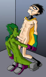 beast_boy black_hole_sun boner christian dc dc_comics dick_grayson erection gay human male male_only nude oral robin_(dc) robin_(dick_grayson) straight_hair teen_titans yaoi