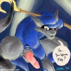 00s 1:1 1boy 2004 anthro balls english_text erect_penis erection fur furniture furry grimal lowres male male_only no_humans penis raccoon shirt sly_cooper sly_cooper_(series) smooth_fur solo tagme text