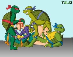 1girls 4boys 4kids_entertainment all_fours anal anthro anthro_on_human april_o'neil april_o'neil_(tmnt_2003) ass brothers color cum cum_inside doggy_style donatello female gangbang green_eyes human interspecies leonardo male michelangelo muscular_male oral partially_clothed penetration raphael sandwiched sex straight straight_hair teenage_mutant_ninja_turtles teenage_mutant_ninja_turtles_(2003) tmnt tmnt_2003 tulio turtle zoophilia