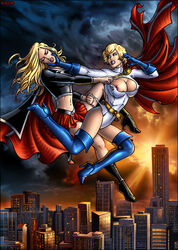 2girls blonde_hair blue_eyes breasts candra closed_eyes clothes dc_comics female female_only gloves hair kara_danvers kara_zor-el kara_zor-l karen_starr long_hair multiple_girls navel nipples power_girl short_hair supergirl supergirl_(dark) superman_(series) torn_clothes