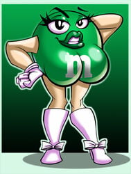 bare_thighs big_breasts big_lips breasts busty chadrocco curvaceous curvy food_creature gradient_background green_lips knee_boots knees_together_feet_apart large_breasts legs lips living_candy m&m's mars_incorporated mascot ms._green no_nipples spokescandy tagme thighs voluptuous