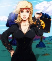 1girls background bag black_bag black_suit blonde_hair blue_eyes blue_sky cleavage cloud day glasses grass holding_bag jojo's_bizarre_adventure jojolion long_sleeves looking_at_viewer lucy_steel medium_breasts medium_hair outdoors parted_lips red-framed_glasses solo steel_ball_run upper_body z3husky