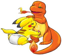 anthro charmander color diaper fire furry interspecies male male_only multiple_males nintendo pikachu pokémon_(species) pokemon pokemon_rgby tail tail_fire what yaoi