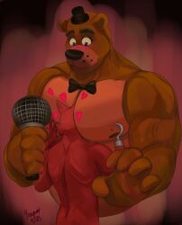 anthro anthro_on_anthro bear big_pecs cupcake2007 face_in_pecs five_nights_at_freddy's fox foxy_(fnaf) freddy_(fnaf) fur furry gay male male/male male_only muscles muscular muscular_male pec_grab size_difference yaoi