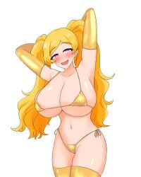 areola_slip armpits arms_behind_head bikini blonde_hair blush breasts cleavage emily_stewart female gloves gold_bikini half-closed_eyes highres idolmaster idolmaster_million_live! in_heat large_breasts legs long_hair looking_at_viewer namco naughty_face navel open_mouth purple_eyes side-tie_bikini_bottom sideboob smile solo swimsuit thighs thong_bikini tongue twintails