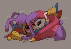 4_fingers anthro big_dom_small_sub blush bodily_fluids closed_eyes clothed clothing dominant drooling dry_humping duo ear_blush female fingers fist glitch_productions heart_symbol humanoid jax_(tadc) lagomorph larger_male leporid looking_pleasured male male/female mammal moan motion_lines pomni_(tadc) rabbit rootache saliva shaking shivering size_difference smaller_female steam sweat sweatdrop tears tears_of_pleasure the_amazing_digital_circus