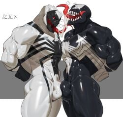 bara black_skin bulge bulge_frottage bulge_rubbing cxcxxcxxxx gay long_tongue male male_only marvel muscular muscular_male venom venom_(marvel)