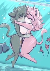 2018 aeris_(vg_cats) anthro big_breasts bikini blush breasts clothing duo feline female joelasko kissing leo_(vg_cats) making_out male mammal nude penis shorts swimming_pool swimsuit underwater vg_cats water