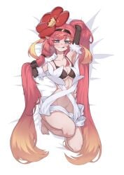 2d 2d_(artwork) armpits bandages barefoot belly belly_button bikini_top blue_eyes blush bridal_gauntlets cleavage grabbing_hair headband legs_bent licking_lips long_hair looking_at_viewer lying_on_back midriff no_panties one_arm_up pointy_ears rafflesia red_hair tartarie traptrix traptrix_rafflesia very_long_hair yu-gi-oh!