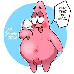 1boy 2023 anthro artist_name balls belly blush dialogue echinoderm fat fat_belly fat_male food full_body genitals holding_ice_cream ice_cream looking_at_viewer male male_only marine mature mature_anthro mature_male navel nickelodeon obese obese_male overweight overweight_male patrick_star penis pink_body samzacharyarts smiling solo solo_focus solo_male spongebob_squarepants starfish testicles text text_bubble tongue tongue_out