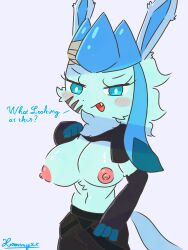 2025 3:4 3_fingers absurd_res armwear bandage bandaged big_breasts black black_bottomwear black_clothing black_gloves black_handwear black_pants black_shirt black_topwear blue_body blue_ears blue_eyes blue_fur blue_inner_ear blue_tail blush bottomwear breasts clothed clothing clothing_lift digital_media_(artwork) eeveelution elbow_gloves english_text eyebrows eyelashes facial_scar female fingerless_gloves fingers fur generation_4_pokemon glaceon gloves handwear hi_res looking_at_viewer narrowed_eyes navel nintendo nipples open_mouth pants pokemon pokemon_(species) presenting presenting_breasts scar shaded shirt shirt_lift signature simple_background solo standing t-shirt tail talking_to_viewer teeth text topwear watermark white_background xammyxx