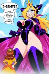 2girls big_breasts blonde_female blonde_hair blonde_hair_female breasts brown_hair brown_hair_female brunette_female clothed clothed_female giant_female giant_woman giantess large_boobs large_breasts light-skinned_female light_skin mario_(series) mario_tennis nicolasgravelqc nintendo princess_daisy scared scared_expression wapeach