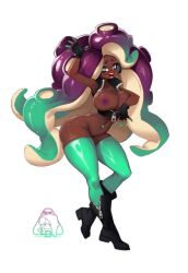 1girls aqua_hair aqua_pantyhose black_boots black_hair blue_eyes boots breasts cephalopod_eyes colored_extremities dark-skinned_female dark_skin female grin headphones large_breasts little_blood long_hair looking_at_viewer marina_(splatoon) midriff mole mole_under_mouth multicolored_hair nintendo nipples octoling octopus_girl smile solo splatoon splatoon_(series) splatoon_2 suction_cups symbol-shaped_pupils teeth tentacle_hair thick_thighs thighs two-tone_hair