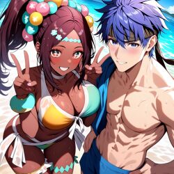 1boy 1boy1girl 1girls ai_generated beach big_breasts bikini black_hair blue_eyes blue_hair blush boyfriend-girlfriend breasts dark-skinned_female dark_skin fire_emblem fire_emblem:_path_of_radiance fire_emblem:_radiant_dawn fire_emblem_engage ike_(fire_emblem) interracial interracial_couple muscular muscular_female partially_clothed peace_sign pink_eyes short_hair straight sweat timerra_(fire_emblem) water waves
