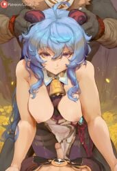 aether_(genshin_impact) ai_generated bell_collar black_body blue_hair breasts breasts_out cuck_pov cuckold cuckolding cuckquean dark-skinned_male dark_skin doggy_style ganyu_(genshin_impact) genshin_impact grabbing grabbing_horns hilichurls_(species) hoyoverse imminent_penetration imminent_sex looking_at_viewer lucakp mihoyo patreon patreon_link patreon_logo patreon_url patreon_username penis sex sex_from_behind small_penis tagme tiny_penis