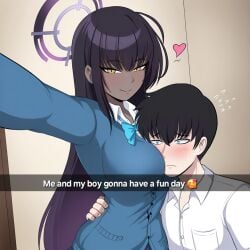 1boy 1girls ai_generated black_hair blue_archive blue_eyes blush dark-skinned_female dark_hair embarrassed heart school_uniform selfie smile smug solo_leveling straight text white_skinned_male yellow_eyes
