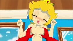 areola areolae big_breasts blonde_female blonde_hair blue_earrings blush blush_lines blushing_at_viewer breast_grab breasts completely_naked completely_naked_female completely_nude completely_nude_female crown earrings magical_sleepover_u mario_(series) naked naked_female nintendo nipples nude nude_female pov princess_peach sakusakupanic screencap screenshot super_mario_bros. tiara topless topless_female