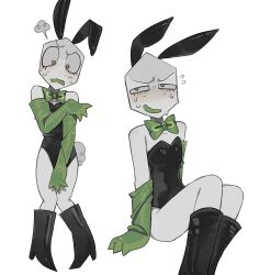 1boy battat_(deltarune) blush bowtie bunny_ears bunnysuit cute darkner deltarune eyelashes feminine_male green_bowtie green_eyes green_gloves male nervous_smile pippins_(deltarune) tagme white_background white_body white_skin