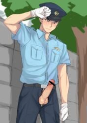 1boy blush erection male male_focus male_only outdoors penis pokkor0123 police police_officer police_uniform solo tagme undressing