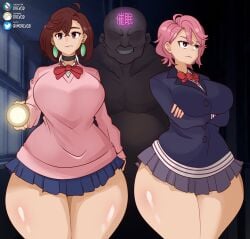 1boy 2girls ass ayase_momo breasts brown_eyes brown_hair choker dandadan drevod earrings fat_ass female flashlight gyaru huge_thighs japanese_text jewelry large_ass large_breasts male momo_ayase obvious_setup pink_hair school_uniform shiratori_aira_(dandadan) short_hair skirt thick_thighs wide_hips