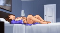 1girls 2025 2d 2d_(artwork) animated animated_gif bed bed_sheet bedroom breast_grab breasts breasts_out brown_hair closed_eyes darkcookie debbie_(summertime_saga) digital_drawing_(artwork) digital_media_(artwork) female female_focus female_only gif hand_on_breast laying_down laying_on_bed light-skinned_female light_skin loop looping_animation masturbating masturbation on_bed panties pleasure_face pussy robe rubbing rubbing_pussy summertime_saga underwear widescreen