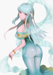 ass bare_shoulders big_breasts blue_hair breasts dancer female fire_emblem fire_emblem:_the_blazing_blade fire_emblem_heroes highres jtaka large_breasts light_blue_hair long_hair looking_at_viewer looking_back ninian_(fire_emblem) nintendo nipple_bulge nipples red_eyes see-through smile solo solo_female veil white_background