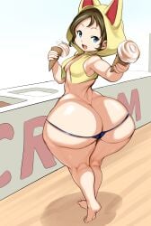 :d ass_focus blue_thong bottom_heavy curvy final_fantasy final_fantasy_xiv food from_behind gigantic_ass holding_food hyper_ass ice_cream jadf krile_mayer_baldesion_(ff14) looking_at_viewer looking_back mostly_nude small_breasts spilling thick_thighs voluptuous wide_hips