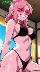 2025 ai_generated bikini ends34 female female_focus miss_heed_(villainous) narrow_waist pink_eyes pink_hair saliva sex short_hair villainous wet