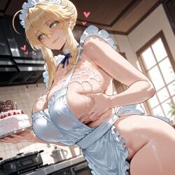 1girls ahoge ai_generated alternate_costume apron artoria_pendragon artoria_pendragon_(fate) artoria_pendragon_(lancer) artoria_pendragon_(lancer)_(fate) bangs bare_shoulders birthday_cake blonde_hair blue_ribbon blush braid braided_bun breasts cake cleavage closed_mouth clothing cream curvaceous curvaceous_female curvaceous_figure curvy curvy_figure deep_skin detached_collar fate/grand_order fate_(series) female female_focus food food_on_body french_braid frilled_apron frills fruit glowing_eyes grabbing grabbing_own_breast green_eyes hadaka_apron hair_between_eyes hair_bun headdress headwear heart-shaped_pupils holding holding_plate huge_breasts icing indoors kitchen large_breasts lips long_hair looking_at_viewer maid maid_apron maid_headdress miyuai naked_apron nipples oven plate pubic_hair sideboob sidelocks smile solo stove strawberry suggestive_fluid sweat swept_bangs symbol-shaped_pupils thick_thighs thighs veiny_breasts voluptuous voluptuous_female whisk white_apron white_headwear window