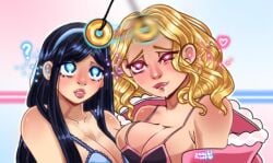 bare_shoulders black_hair blonde_hair breasts drool femsub happy_trance heart heart_eyes multiple_girls multiple_subs peachmutt pendulum symbol_in_eyes symmetrical_docking