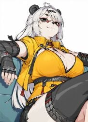 ai_assisted ai_generated anthro big_breasts big_thighs boob_window breast breasts chilling cleavage curvy eyelashes female fingerless_gloves fully_clothed furrification furrified furry glasses glasses_on_nose hoyoverse icomerrr legs_crossed long_hair looking_down mole mole_on_breast panda panda_ears panda_girl short_shorts shorts sitting sitting_on_bench sleeveless_jacket small_glasses smile stockings waist_band white_background white_fur white_hair yixuan_(zenless_zone_zero) zenless_zone_zero