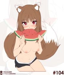1girls animal_ears animal_tail blush breasts brown-haired_female brown_hair dolphin_shorts eating fangs female female_only fluffy fluffy_tail highres hime_cut holo kemonomimi likunea looking_at_viewer nipples no_bra red_eyes red_eyes_female shorts small_breasts sole_female spice_and_wolf tagme tail topless topless_female watermelon wolf_ears wolf_girl wolf_tail