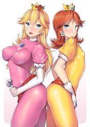 2girls adapted_costume alternate_breast_size arched_back areolae ass ass_to_ass blonde_hair blue_eyes blush bodysuit brown_hair clothing cowboy_shot earrings female female_only flat_chest frown fully_clothed impossible_clothes looking_at_viewer mario_(series) medium_breasts multiple_girls nagase_haruhito nintendo orange_bodysuit pink_bodysuit princess_daisy princess_peach simple_background skin_tight small_breasts smile standing tight_clothing voluptuous white_background