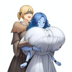4_arms ai_generated blindfold breast_grab dress elden_ring gigantic_breasts groping groping_breasts groping_from_behind happy hyetta_(elden_ring) multiple_arms novelai pout ranni_the_witch yuri