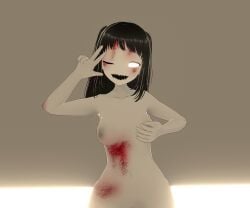 3d 3d_(artwork) 3d_model black_hair blood_stain breasts censored_pussy covered_nipples cute_expression cute_pose female ghost ghost_girl ghost_girl_(slendytubbies) glowing_eyes holding_breast monster_girl no_bra pale-skinned_female pale_skin peace_sign skinny_girl slendytubbies slight_smile small_breasts white_eyes