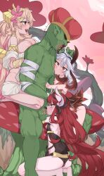 1boy 2d 2d_(artwork) 3girls 3girls1boy armlet bare_shoulders barefoot big_breasts blonde_hair blowjob breasts_against_arm breasts_against_back cameltoe flat_chest forest_background foursome goblin goblin_male goblin_of_greed green_skin green_skinned_male hair_ornament horns long_hair nipples pointy_ears pressing_breast_on_partner red_hair size_difference small_breasts small_dom_big_sub smaller_female squatting squatting_blowjob sucking_nipples tartarie traptrix traptrix_allomerus traptrix_myrmeleo traptrix_pinguicula white_hair yu-gi-oh!