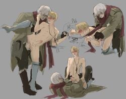 america_(hetalia) axis_powers_hetalia blonde_hair blush clothed_male clothed_sex crying dialogue hetalia light-skinned_male moaning moaning_in_pleasure older_male older_penetrating_younger position_change raw raw_sex russia_(hetalia) sweat young younger_male