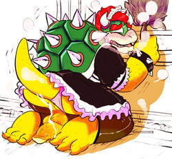 1boy 3_toes anthro anus ass balls blush bowser cephalophilia claws clothed clothing crossdressing cum cum_from_ass cum_inside cum_on_ass erection hair horn humanoid_penis indoors kneeling koopa leaking looking_back maid_uniform male male_only mario_(series) nintendo open_mouth partially_clothed penis presenting presenting_hindquarters raised_tail rear_view red_hair scales scalie shell solo spiked_armlet tail teeth testicles toes underwear uniform video_games yellow_scales