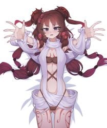 barely_clothed belly belly_button body_markings braided_hair brown_hair butt_fang cameltoe lying_on_back midriff panty_straps purple_eyes reaching_out reaching_towards_viewer skindentation slightly_annoyed small_breasts string_panties tartarie traptrix traptrix_atypus useless_clothing yu-gi-oh!