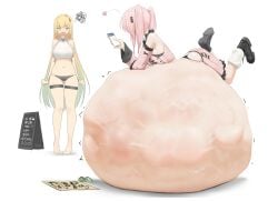 2girls aim54c ambiguous_prey belly_bigger_than_body belly_bulge blonde_hair detailed_bulge digestion huge_belly large_breasts laying_on_belly mass_vore massive_belly multiple_prey object_vore phone pink_hair