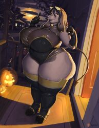 2023 absurd_res anthro big_breasts bovid breasts caprine caprine_demon clothed clothing cloven_hooves curvy_figure demon evelynn_(mainlinemojo) female floppy_ears goat goat_demon greasymojo grey_body grey_hair hair halloween hi_res holidays hooves huge_breasts jack-o'-lantern legwear long_ears long_hair looking_at_viewer mammal mature_anthro mature_female night outside patreon signature slightly_chubby solo spade_tail standing tail thick_thighs thigh_highs voluptuous wide_hips
