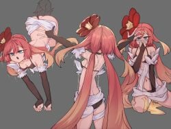 2d 2d_(artwork) ass ass_up ass_up_face_down back_arch back_view barely_clothed belly belly_button bikini black_bikini blue_eyes blush breasts bridal_gauntlets cleavage female front_view grey_background hair_ornament implied_masturbation leaking_pussy long_hair multiple_images multiple_poses petite petite_female plant_tentacle prone_bone puddle pussy rafflesia red_hair ring sideboob sitting small_breasts sole_female standing tartarie tentacle tentacle_penetration traptrix traptrix_rafflesia trembling_for_pleasure twintails vine_tentacles wet wet_body yu-gi-oh!