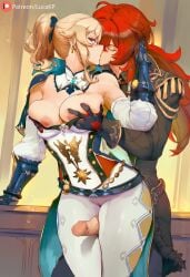 1boy 1girls ai_generated blonde-haired_female blonde_hair breast_slip breasts clothed diluc_(genshin_impact) female genshin_impact grabbing grabbing_another's_breast grabbing_breasts hoyoverse jean_gunnhildr kissing large_breasts looking_at_viewer lucakp male mihoyo nipples patreon patreon_link patreon_logo patreon_url patreon_username penis red_hair tagme thick_thighs thigh_sex thighs