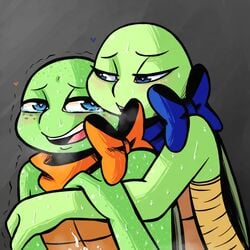 <3_eyes 2018 anthro bandana blue_eyes blush bow_tie crying cum duo freckles heart hug incest inkyfrog leonardo male michelangelo nude open_mouth open_smile reptile scalie shaking shell shivering smile sweat tears teenage_mutant_ninja_turtles turtle yaoi