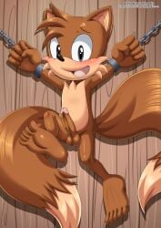 1boy anthro balls barefoot bbmbbf blush bondage canine cub erection feet fox hi_res looking_at_viewer male male_cub male_only mobian_(species) mobius_unleashed open_mouth palcomix penis sega solo sonic_(series) sonic_satam sonic_the_hedgehog_(series) tails tails_the_fox tongue young