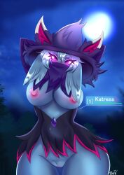 absurd_res anthro areola big_breasts black_nose blue_body blue_fur breasts clothed clothing crystal digital_drawing_(artwork) digital_media_(artwork) digital_painting_(artwork) domestic_cat felid feline felis female fur genitals hat headgear headwear hi_res katress looking_at_viewer mammal multicolored_ears nipples painting_(artwork) pal_(species) palworld pamen pink_areola pink_nipples pink_vulva pocketpair purple_clothing purple_ears purple_eyes purple_hat purple_headwear pussy solo vulva white_ears wide_hips witch_hat