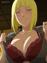 1girls ai_generated arm_guards big_breasts blonde_hair blue_eyes blunt_bangs bob_cut bra breasts breasts_out breasts_out_of_clothes busty cleavage clothing clothing_pull collarbone female female_only fishnet_shirt fishnets high_resolution huge_breasts kimono large_breasts light-skinned_female light_skin long_hair looking_at_viewer mature mature_female mesh_shirt naruto naruto_(series) naruto_shippuden nyxarii parted_lips pinup presenting presenting_breasts presenting_self pulled_by_self samui sash shiny shiny_hair shiny_skin shoulder_length_hair skindentation smile taking_clothes_off tubetop undressing upper_body very_high_resolution voluptuous watermark wide_hips